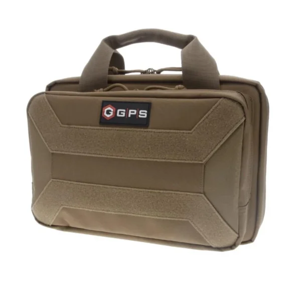 G-Outdoors Pistol Case, FDE front view with carry handles, logo patch and zippered edges