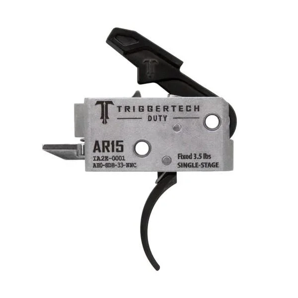 TriggerTech AR-15 Duty Trigger in black and silver, right-side view with curved trigger