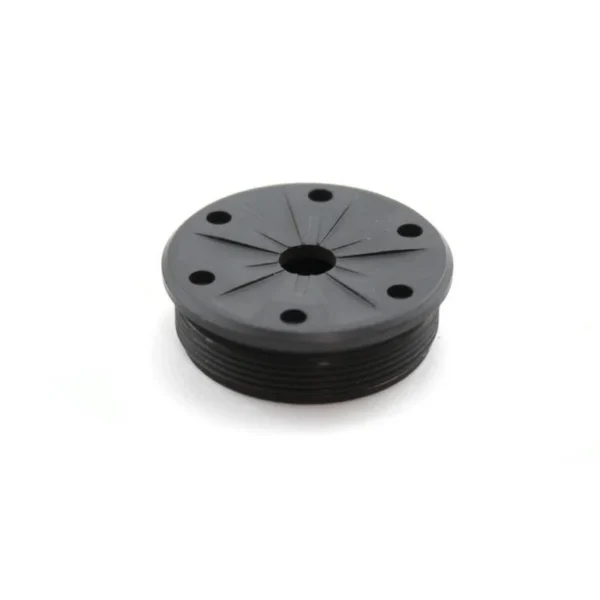 SilencerCo Bravo Front Cap .30 cal Black, angled top view with center opening and threaded edge