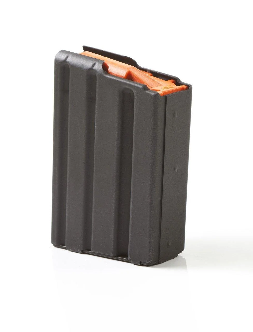 primary-55569 ASC AR Family Rifle Magazine Orange Follower, black magazine with orange follower in angled view