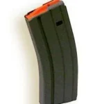 ASC AR Family Rifle Magazine, angled side view in black with bright orange follower