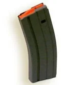 ASC AR Family Rifle Magazine, angled side view in black with bright orange follower