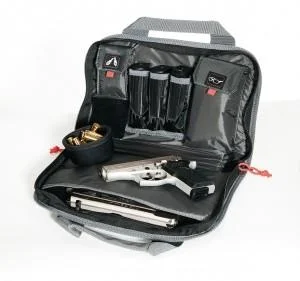 G-Outdoors Double Compact Pistol Case, open black case with handgun and magazine pockets