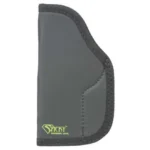Sticky LG6L holster, front view in dark grey fabric with black edging and green logo