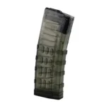 KCI USA INC MAGAZINE AR15 223, translucent smoke-colored curved magazine, angled side view