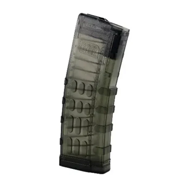 KCI USA INC MAGAZINE AR15 223, translucent smoke-colored curved magazine, angled side view