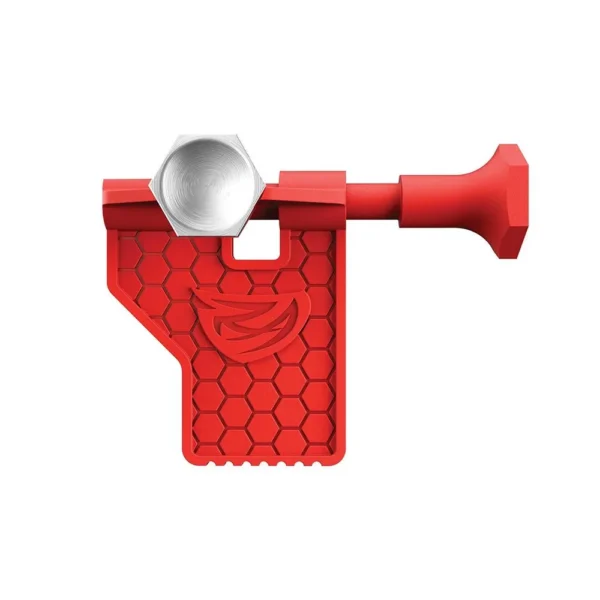 REAL AVID AR15 PIVOT PIN TOOL red tool, front view with silver circular insert and side knob