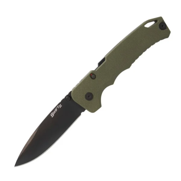 Cold Steel Swift III folding knife with olive handle and black drop-point blade, left side view