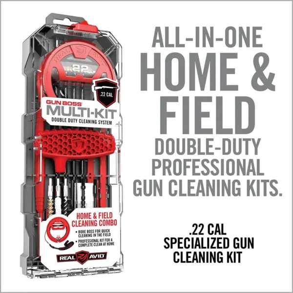 Real Avid Gun Boss Multi KT 22CAL red and black cleaning kit in clear retail packaging, front view