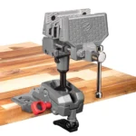 Real Avid Armorer's Master Vise gray bench-mounted vise, angled front view with handle and red knob