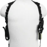 NCSTAR AMB SHOULDER HOLSTER BLK, black harness on torso form with holster and accessory pouch