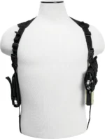NCSTAR AMB SHOULDER HOLSTER BLK, black harness on torso form with holster and accessory pouch