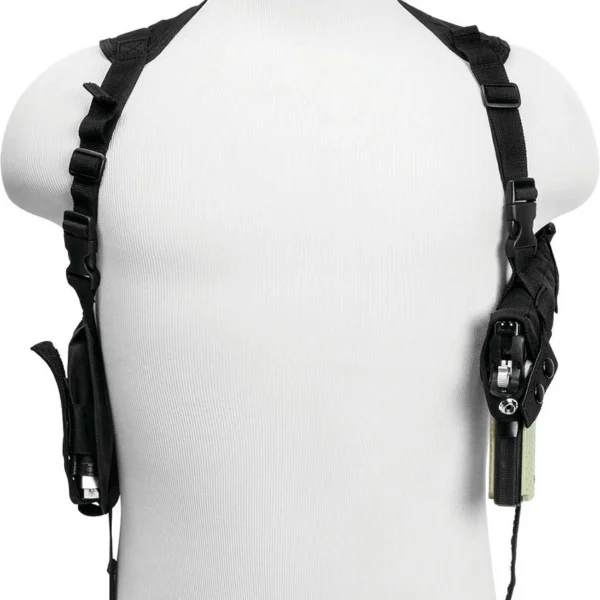 NCSTAR AMB SHOULDER HOLSTER BLK, black harness on torso form with holster and accessory pouch