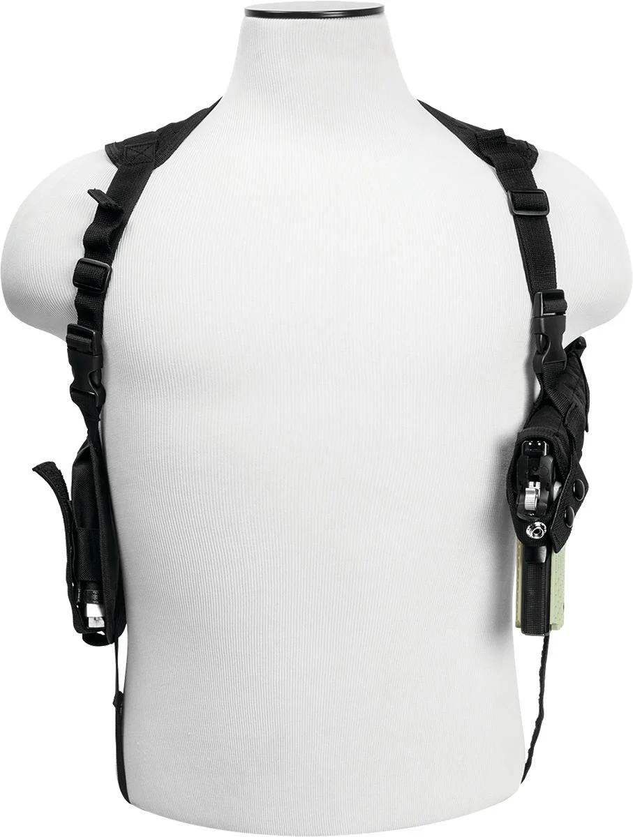 primary-55606 NCSTAR AMB SHOULDER HOLSTER BLK, black harness on torso form with holster and accessory pouch