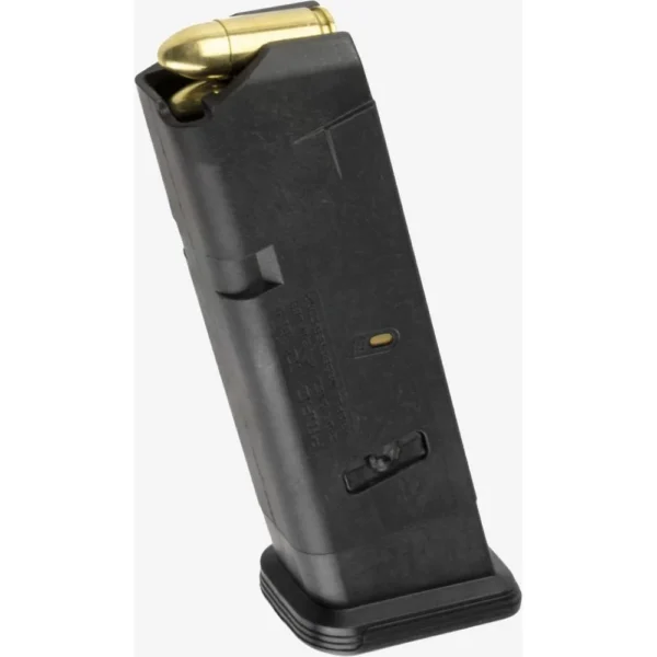 MAGPUL PMAG FOR GLOCK 17, black angled view with brass cartridge visible