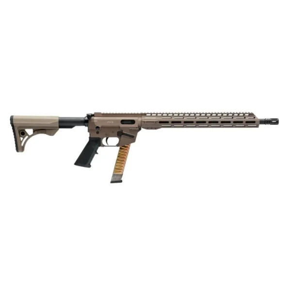 Freedom Ordnance FX9 AR Rifle in FDE, left-side view with long handguard and inserted magazine