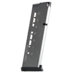MAG WILSON ETM, silver and black pistol magazine with numbered witness holes, angled side view