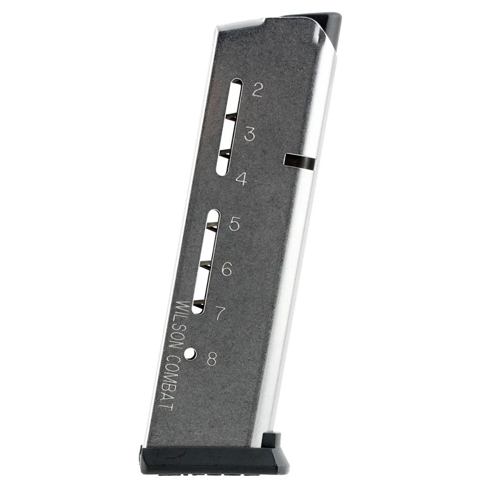 primary-55623 MAG WILSON ETM, silver and black pistol magazine with numbered witness holes, angled side view