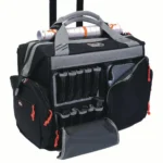 G-Outdoors Rolling Range Bag, black bag in front view with open pockets and extended handle