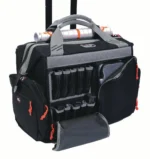 G-Outdoors Rolling Range Bag, black bag in front view with open pockets and extended handle