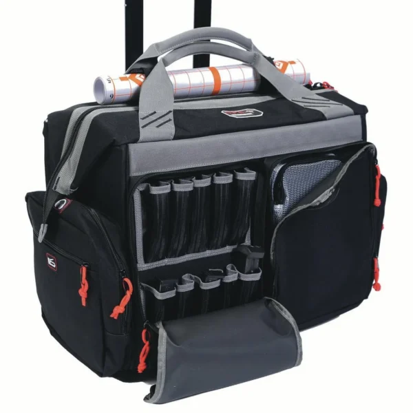 G-Outdoors Rolling Range Bag, black bag in front view with open pockets and extended handle