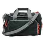 G-Outdoors Large Range Bag, black bag with gray handles, shoulder strap and red zipper pulls