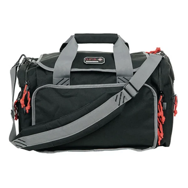 G-Outdoors Large Range Bag, black bag with gray handles, shoulder strap and red zipper pulls