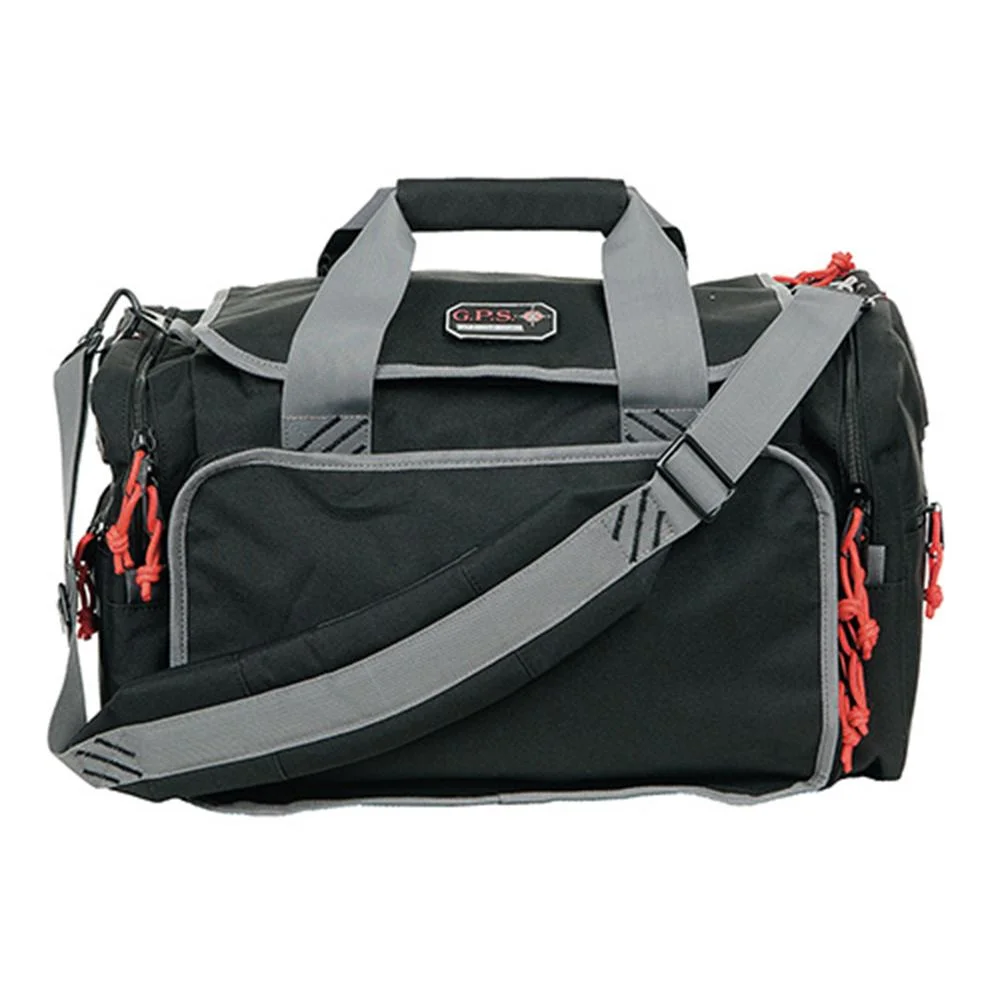 primary-55640 G-Outdoors Large Range Bag, black bag with gray handles, shoulder strap and red zipper pulls
