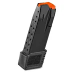 FN USA FN Reflex handgun magazine, black angled view with orange follower and extended baseplate