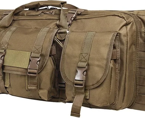 VISM by NcSTAR Double Carbine Case, tan front view with carry handle, straps and zippered pockets