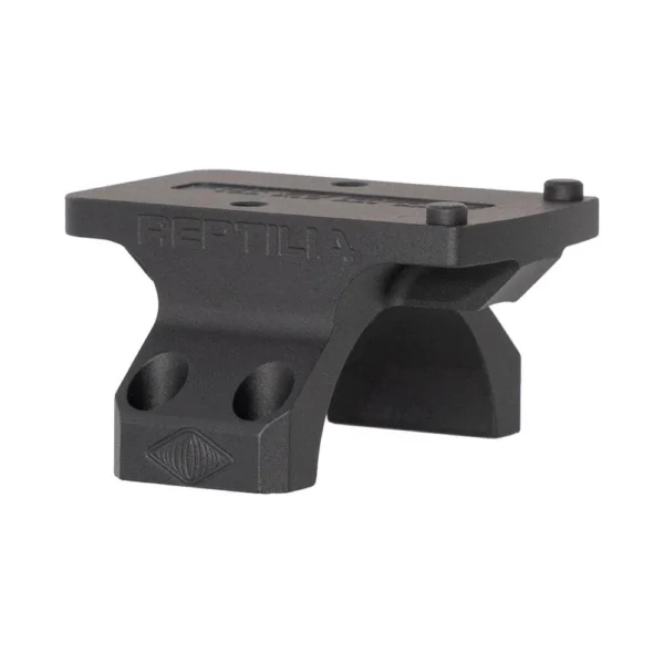 Reptilia ROF-90 black red dot mount, angled side view with curved ring saddle and screw holes