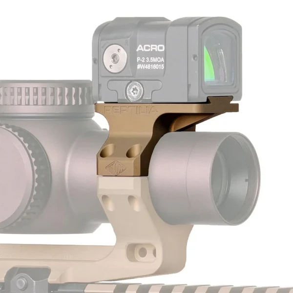 Reptilia ROF-90 red dot mount, FDE side view attached above a scope with optic installed