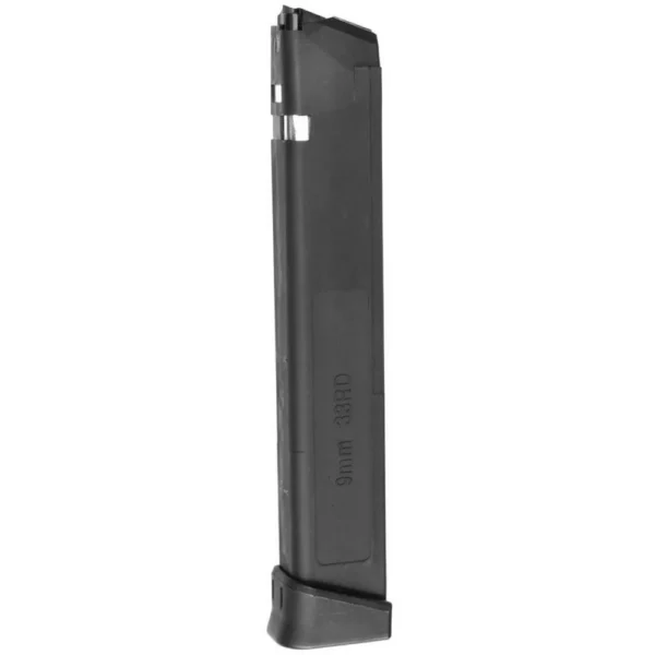 Global Ordnance GO Mag for Glock 17 long black magazine in angled side view