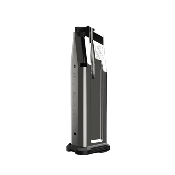 Check-Mate Staccato 2011 stainless steel handgun magazine, angled front view with black baseplate