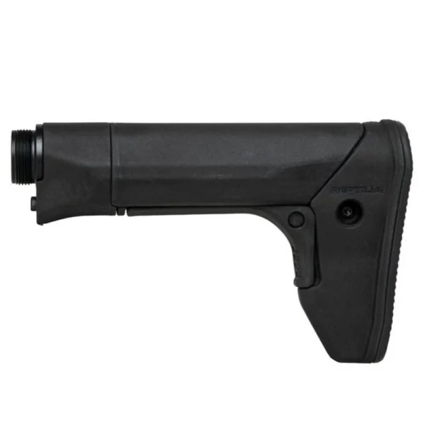 Reptilia RECC-E black carbine stock, right-side view with angled buttpad and adjustment lever