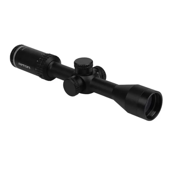 Riton 1 Primal, black riflescope in angled side view with adjustment turrets