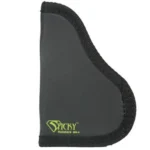 Sticky Holsters Medium Sticky Pocket Holster, black front view with green logo and stitched edging