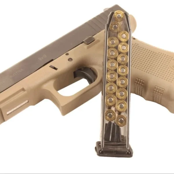 Elite Tactical Systems Glock 17 Magazine, clear magazine beside tan pistol in left-side view