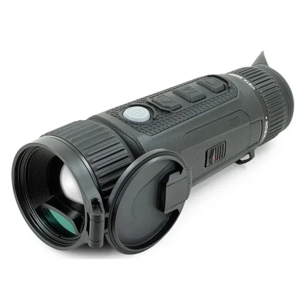 IRay USA Nocpix Vista H35R black monocular, angled front view with lens cap open and top buttons