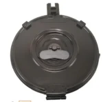 KCI USA AK-47 Rifle Drum Magazine, black circular drum in front view with winding key