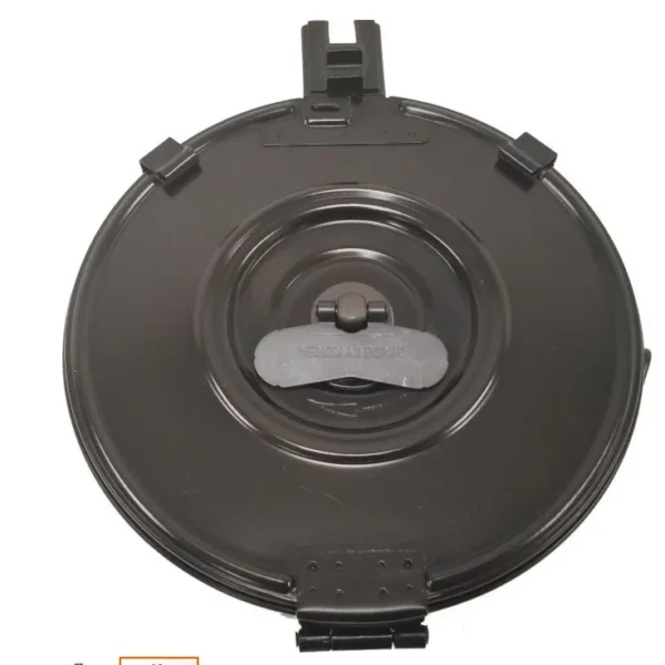 KCI USA AK-47 Rifle Drum Magazine, black circular drum in front view with winding key