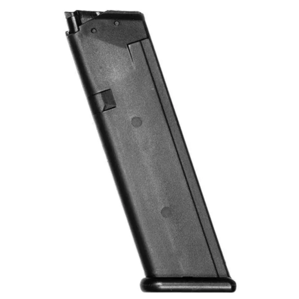 KCI USA Glock 17 Gen 2 Handgun Magazine, angled view of black magazine with metal feed lips