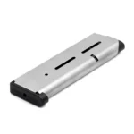 Wilson Combat Full Size 1911 Handgun Magazine, angled view of silver body and black base