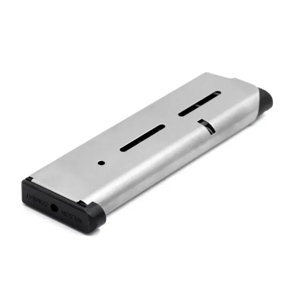 Wilson Combat Full Size 1911 Handgun Magazine, angled view of silver body and black base