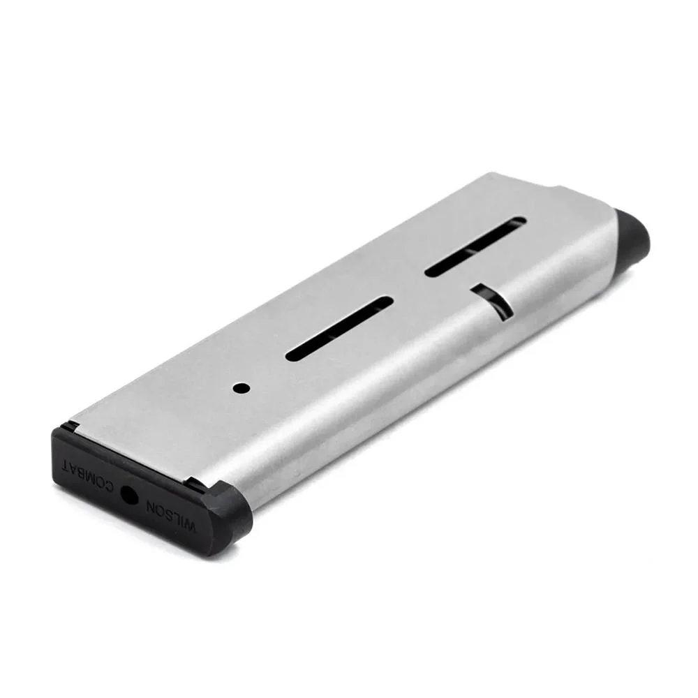 primary-55834 Wilson Combat Full Size 1911 Handgun Magazine, angled view of silver body and black base