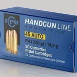 Prvi Partizan PPU 45ACP FMJ ammunition box with two cartridges, front three-quarter view