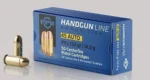 Prvi Partizan PPU 45ACP FMJ ammunition box with two cartridges, front three-quarter view