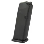 KCI USA Glock 23 black handgun magazine, angled side view with baseplate