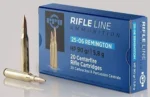 Prvi Partizan PPU 25-06REM HP, blue ammunition box with three cartridges, angled view