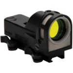 Meprolight M-21 Bullseye, black optic in front-left view with green-tinted lens and rail mount